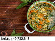 Nettle soup in a saucepan. Stinging nettle soup. Healthy food, copy space.. Vegan fresh nettle soup. Стоковое фото, агентство Ingram Publishing / Фотобанк Лори