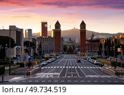 Avinguda de la Reina Maria Cristina in Barcelona at sunset, Spain. Стоковое фото, фотограф Яков Филимонов / Фотобанк Лори