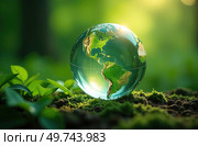 Glass glowing sphere of planet Earth in forest is a ball with an internal microclimate, a clean environment, protecting the ecology of the planet. AI generated. Стоковое AI-изображение, AI-художник Ольга Симонова / Фотобанк Лори