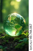 Glass glowing sphere of planet Earth in forest is a ball with an internal microclimate, a clean environment, protecting the ecology of the planet. AI generated. Стоковое AI-изображение, AI-художник Ольга Симонова / Фотобанк Лори