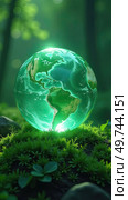Glass glowing sphere of planet Earth in forest is a ball with an internal microclimate, a clean environment, protecting the ecology of the planet. AI generated. Стоковое AI-изображение, AI-художник Ольга Симонова / Фотобанк Лори
