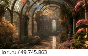 Grand glass conservatory filled with vibrant plants and golden architectural details. Стоковое AI-изображение, AI-художник Михаил Коханчиков / Фотобанк Лори
