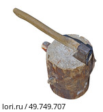 Топор, воткнутый в пень на белом фоне. Axe stuck in stump on white background. Стоковое фото, фотограф Татьяна Д / Фотобанк Лори