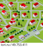 A glance at the isometric 3D illustration view of a cottage townhouse bungalow, residential, villa village from above. Streets, houses, real estate plots are shown.. A glance at the isometric 3D illustration view of a cottage townhouse. Стоковая иллюстрация, агентство Ingram Publishing / Фотобанк Лори