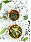Fresh bay leaf tea and vintage tea sieve. Herbal medicine. Flat lay. Fresh laurel leaves infusion. Стоковое фото, агентство Ingram Publishing / Фотобанк Лори