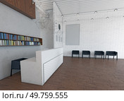 Modern reception area with minimalist design and bookshelves. (3d render). Modern reception area 3d. Стоковое фото, агентство Ingram Publishing / Фотобанк Лори