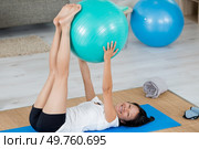 woman exercising at home with aerobic ball. Стоковое фото, агентство Ingram Publishing / Фотобанк Лори