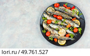 Portion of fried sardines served on plate. Free space for your text.. Roasted fish on table. Стоковое фото, агентство Ingram Publishing / Фотобанк Лори