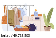 Laundry. Vector illustration. Laundromats offer communal laundry facilities Drying clothes on hangers reduces wrinkles The laundry metaphor inspires personal growth Cleaning heavily soiled clothes. Laundry. Organizing laundry saves time and effort. Fabric softeners add pleasant scent to clothes. Стоковая иллюстрация, агентство Ingram Publishing / Фотобанк Лори