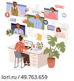 Video conference. Vector illustration. The video conference concept strengthens professional relationships Contacting clients through video conferences builds trust and rapport Joining video. Video conference. Seminars conducted via video conferences can reach global audience. Стоковая иллюстрация, агентство Ingram Publishing / Фотобанк Лори
