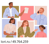 Video conference. Vector illustration. Video calling enables real-time communication and connection Video calling has become integral part our digital communication landscape Videoconferencing. Video conference. Joining video conference brings people together in cyberspace. Стоковая иллюстрация, агентство Ingram Publishing / Фотобанк Лори