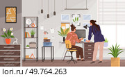 Business woman or clerk working on computer at desk. Lady sitting at workplace in home office communicate with colleague. Company employee during work with laptop. Female character doing job. Business woman or clerk works on computer sits at workplace in office communicates with colleague. Стоковая иллюстрация, агентство Ingram Publishing / Фотобанк Лори