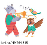 Animal band vector illustration. Join festivities as cheerful marching band animals parades through zoo musical wildlife orchestra in this unique. Hippopotamus plays trumpet, owl dances, bird sings. Animal band. Join festivities animals parades through zoo. Hippopotamus plays trumpet, owl dances, bird sings. Стоковая иллюстрация, агентство Ingram Publishing / Фотобанк Лори