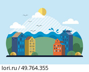Clean city vector illustration. Ecology and principles of sustainable living are at heart of clean city The city adopts eco-friendly practices minimize its carbon footprint and environmental impact. Clean city. It promotes biodiversity, creating habitats for plants and animals to thrive a midst urban landscape. Стоковая иллюстрация, агентство Ingram Publishing / Фотобанк Лори