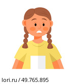 Young girl with brown hair in two braids, expressing a concerned or worried emotion. She wears a yellow shirt and has a thoughtful expression on her face.. Young girl with two braids, expressing concern or worry, emotional depiction. Стоковая иллюстрация, агентство Ingram Publishing / Фотобанк Лори