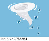 Dynamic vector illustration of a tornado swirling with debris on a light blue background. The white and blue color scheme adds a sense of movement and energy, emphasizing the power of nature.. Illustration of a tornado in blue and white tones, with flying debris, dynamic and energetic design. Стоковая иллюстрация, агентство Ingram Publishing / Фотобанк Лори