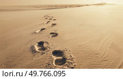 Two footprints imprinted in the sandy desert landscape.. Two Footprints in the Desert Sand. Стоковое фото, агентство Ingram Publishing / Фотобанк Лори