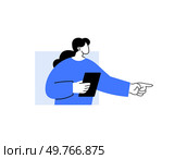 A person holding a tablet and pointing forward, symbolizing decision-making, direction, and digital guidance. Use in tech navigation, digital tools, modern decision-making, and online directions. Person holding tablet, pointing forward, symbolizing decision-making, direction, and digital guidance. Стоковая иллюстрация, агентство Ingram Publishing / Фотобанк Лори
