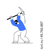 A vector illustration of a miner character using a pickaxe, symbolizing blockchain mining, cryptocurrency, and digital assets. Suitable for fintech, blockchain, and crypto-themed designs.. Illustration of a miner character using a pickaxe, representing blockchain mining, cryptocurrency concept. Стоковая иллюстрация, агентство Ingram Publishing / Фотобанк Лори