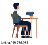 Person sitting at a desk with a tablet, minimalist and abstract icon, representing modern workspace and technology.. Person sitting at a desk with tablet, minimalistic and abstract icon, modern workspace concept. Стоковая иллюстрация, агентство Ingram Publishing / Фотобанк Лори