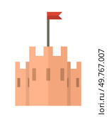 Illustration of a sandcastle with a red flag. Topics include beach, vacation, play, and summer. Applicable to travel brochures, summer camps, and childrens activities.. Minimalistic sandcastle with red flag on top on white background, clean design. Стоковая иллюстрация, агентство Ingram Publishing / Фотобанк Лори