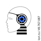 Head outline with a gear inside, representing artificial intelligence, robotics, and technological advancements. Ideal for tech-related themes, AI, and future-oriented concepts. Black and blue colors. Human head outline with gear, symbolizing artificial intelligence, robotics, and technology concepts. Стоковая иллюстрация, агентство Ingram Publishing / Фотобанк Лори