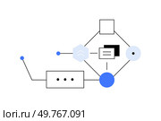 Flowchart with blue, black elements representing process flow, operation sequence. Useful in process design, workflow management, systems engineering, project planning, task automation.. Flowchart with blue and black elements showing a process or system operation sequence. Стоковая иллюстрация, агентство Ingram Publishing / Фотобанк Лори