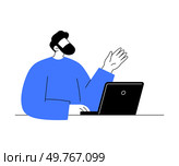 Simplified illustration of a person at a laptop, wearing a blue shirt. Ideal for representing remote work, online meetings, or digital communication in modern workplace or education contexts.. Simplified Illustration of a Person at Laptop Depicting Remote Work or Online Communication. Стоковая иллюстрация, агентство Ingram Publishing / Фотобанк Лори
