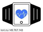 The image shows a smartwatch with black straps and a screen displaying a blue heart with a white pulse line. Themes include health, technology, fitness tracking, wearables, and heart rate monitoring.. Smartwatch Displaying Heartbeat Monitor with Blue Heart and Pulse Line on Screen, Black Straps. Стоковая иллюстрация, агентство Ingram Publishing / Фотобанк Лори