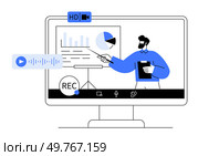 Bearded man in blue shirt presenting a pie chart on screen with icons for audio, video, HD, and recording. Ideal for online meetings, video conferencing, remote presentations, virtual education. Man with beard presenting pie chart on screen, wearing blue shirt, various online meeting icons displayed. Стоковая иллюстрация, агентство Ingram Publishing / Фотобанк Лори