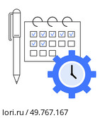 A calendar with checkmarks, a pen, and a blue gear with a clock illustrate themes of organization, planning, productivity, and time management.. Calendar with Checklist, Pen, and Gear with Clock Representing Time Management and Scheduling. Стоковая иллюстрация, агентство Ingram Publishing / Фотобанк Лори
