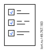 A document with three checkboxes, each marked with a blue check, and corresponding lines representing text. Ideal for task management, surveys, checklists, productivity, and organization.. Survey or to-do list document with three checkbox items marked in blue on a white background. Стоковая иллюстрация, агентство Ingram Publishing / Фотобанк Лори