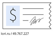 A minimalist vector image of a payment receipt, featuring a large dollar symbol, lines for details, and a signature. Ideal for financial themes, invoices, accounting, payment processing, and commerce.. Simple Vector Illustration of a Signed Payment Receipt with Dollar Symbol. Стоковая иллюстрация, агентство Ingram Publishing / Фотобанк Лори