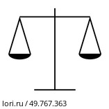 Black balance scale on a white background with minimalist style. Ideal for legal concepts, law and justice, fairness, equality, decision making, vector art, and legal documents. Simple, balanced. Symbol of Justice with Black Balance Scale on White Background. Стоковая иллюстрация, агентство Ingram Publishing / Фотобанк Лори