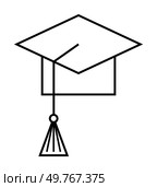 Black outline graduation cap with a tassel on a white background. Detail highlights simple celebratory imagery. Ideal for education, graduations, achievement, academic success, school events. Line art. Graduation Cap with Tassel Representing Academic Achievement and Ceremony. Стоковая иллюстрация, агентство Ingram Publishing / Фотобанк Лори