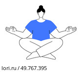 Woman sitting cross-legged in a yoga pose, meditating with hands in a mudra gesture. Ideal for meditation, wellness, mindfulness, yoga, relaxation themes. Simple line style.. Woman Meditating in Yoga Pose with Minimalist Design Elements in Blue and White Tones. Стоковая иллюстрация, агентство Ingram Publishing / Фотобанк Лори