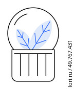 Plant enclosed in a transparent dome atop a striped base, featuring blue and light blue elements. Ideal for nature, environment, growth, sustainability, modern design. Simple, minimalist style.. Abstract Minimalist Plant in Glass Dome with Blue Accents on White Background. Стоковая иллюстрация, агентство Ingram Publishing / Фотобанк Лори