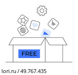 Open box with FREE label and floating app icons like a star, heart, globe, play button, and gear. Ideal for software, tech startups, app development, online services, and digital tools.. Box with Free Label Unleashing Various Floating App Icons Including Star, Globe, Play, and Gear. Стоковая иллюстрация, агентство Ingram Publishing / Фотобанк Лори