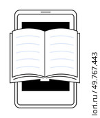 An open book is displayed in front of a tablet screen, signifying integration of digital and traditional reading formats. Ideal for e-books, digital libraries, online education, technology, learning. E-Book Concept with Open Book Overlaying Tablet Screen, Representing Digital Reading. Стоковая иллюстрация, агентство Ingram Publishing / Фотобанк Лори