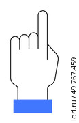 A simplistic artwork of a hand with the index finger raised, outlined in black with a blue cuff. Ideal for user interface elements, pointing or indicating, gestures, minimal designs, signaling action. Hand Gesture with Raised Index Finger and Blue Cuff in Minimalist Vector Art Style. Стоковая иллюстрация, агентство Ingram Publishing / Фотобанк Лори
