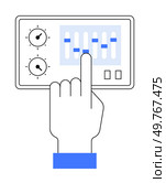 Simple vector image showing a hand interacting with an audio control panel. Ideal for themes like technology, sound engineering, user interface, control settings, and touchscreen devices. Minimalist. Hand Adjusting Settings on Audio Control Panel Dials and Sliders for Precise Calibration. Стоковая иллюстрация, агентство Ingram Publishing / Фотобанк Лори