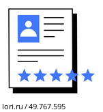 A professional resume with a profile picture, text details, and a row of five blue stars beneath. Ideal for job applications, career services, employee assessments, professional reviews, and HR docume. Professional Resume with Five-Star Rating Enhancing Career Opportunities and Job Applications. Стоковая иллюстрация, агентство Ingram Publishing / Фотобанк Лори