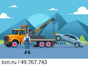 A vector illustration of Tow Truck Driver Towing a Car. Стоковая иллюстрация, агентство Ingram Publishing / Фотобанк Лори