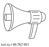 A black and white vector drawing of a bullhorn megaphone. This can be used for announcements, events, campaigns, and speeches. Ideal for promotional materials, public speaking, communication themes, m. Simple Black and White Vector Drawing of Bullhorn Megaphone with Handle for Announcements. Стоковая иллюстрация, агентство Ingram Publishing / Фотобанк Лори