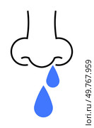 Simple design of a nose with two blue droplets.. Simple Nose with Droplets Representing Runny Nose or Allergies in Minimalist Style. Стоковая иллюстрация, агентство Ingram Publishing / Фотобанк Лори