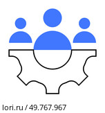 Three blue human figures atop a black outlined gear symbolize teamwork, workforce organization, and collaboration. Ideal for business, productivity, HR, communication, and collective effort themes. Si. Team Collaboration and Workforce Management Concept in Vector Art Style. Стоковая иллюстрация, агентство Ingram Publishing / Фотобанк Лори