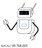 Robot with a rectangular body, antennas, and claw-like hands. Its screen displays blue eyes. Ideal for technology, robotics, AI, futuristic themes, education, and children s illustrations. Simple. Friendly Robot with Antennas and Claw Hands on White Background. Стоковая иллюстрация, агентство Ingram Publishing / Фотобанк Лори