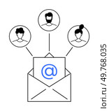 Open envelope with symbol, connecting to three user avatars. Ideal for email marketing, team communication, newsletters, digital correspondence, networking.. Email Communication Concept with Group Message and User Avatars. Стоковая иллюстрация, агентство Ingram Publishing / Фотобанк Лори