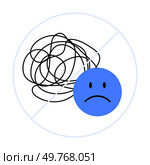 Black scribbles, blue sad face, diagonal line, circular frame, simple style. Ideal for mental health awareness, stress representation, depression, emotional states, negative thoughts, vector art.. Scribbled Mess with Sad Face Inside a Blue Circle with Diagonal Line. Стоковая иллюстрация, агентство Ingram Publishing / Фотобанк Лори