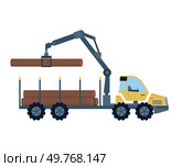Crane unloads firewood. Wood production and forestry. Machine with load in form felled trees, forestry equipment for transportation, loading, unloading in warehouse. Building, storage production. Crane unloads firewood. Wood production and forestry. Machine with load in form felled trees. Стоковая иллюстрация, агентство Ingram Publishing / Фотобанк Лори